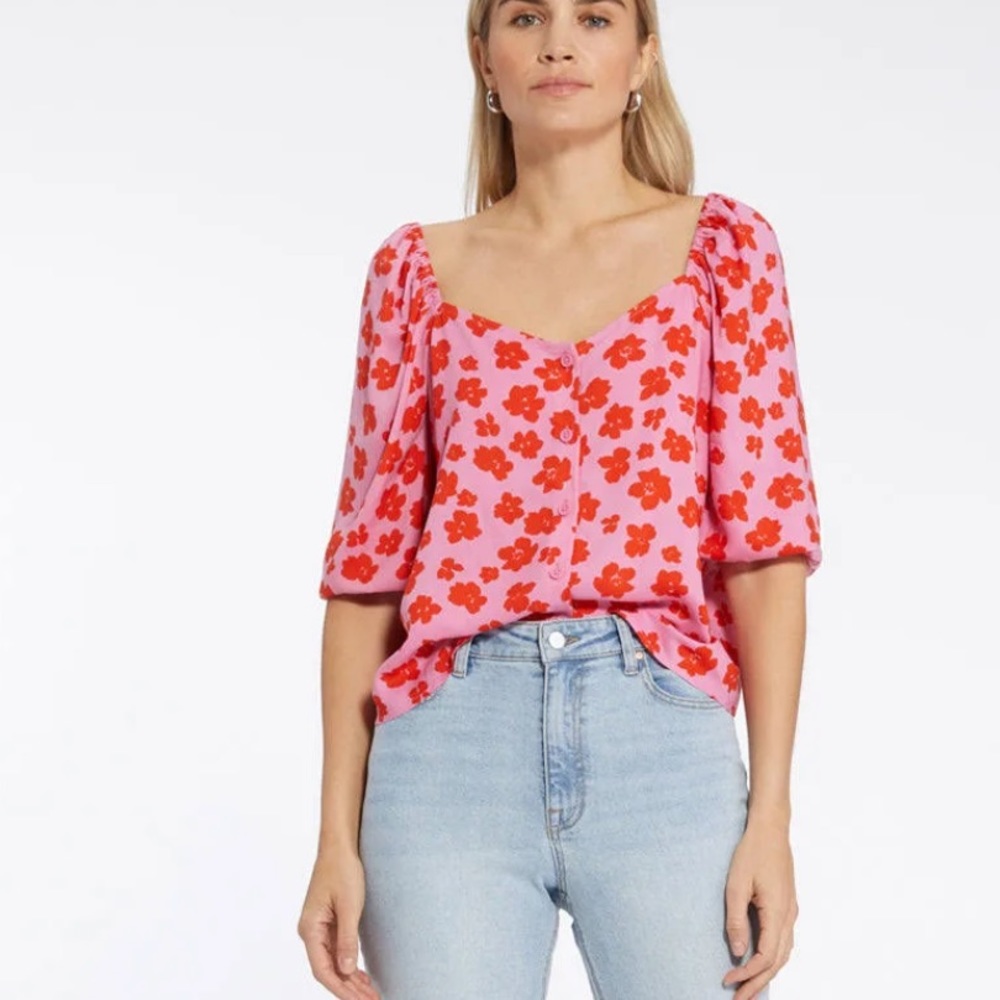 Sanctuary Womens Floral Print Peasant Top Button-Down Top